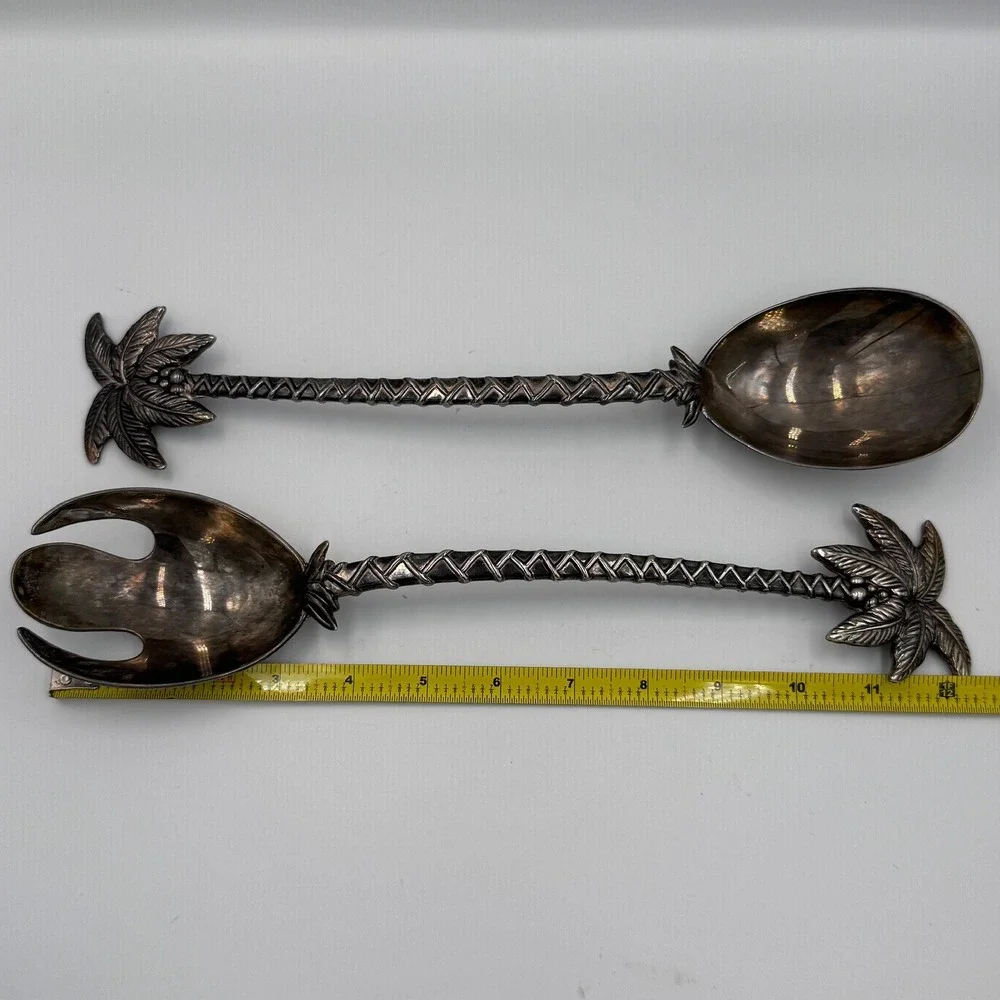 Vintage Palm Tree Salad Serving Set Silver Tone Tropical Coastal Tiki